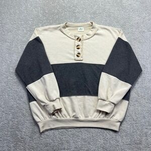 Blue Buttercup Sweatshirt Womens M/L Cream Gray Henley Oversized Made in USA